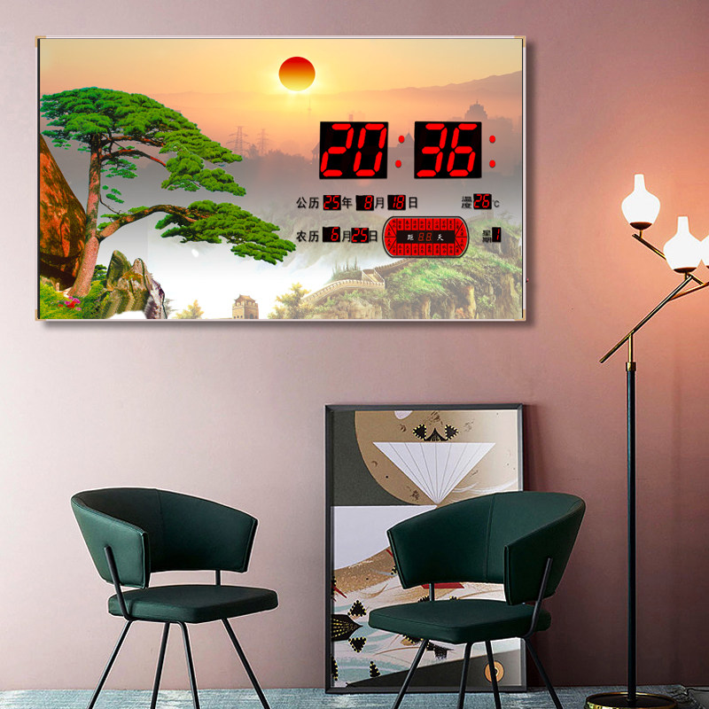LED家用挂画简约现代风景万年历挂钟客厅装饰画数字显示电子钟表
