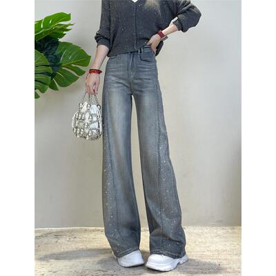 灰色烫钻直筒牛仔裤女秋