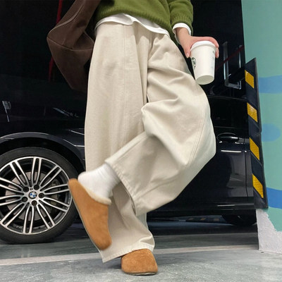 米白色加绒阔腿裤女2026