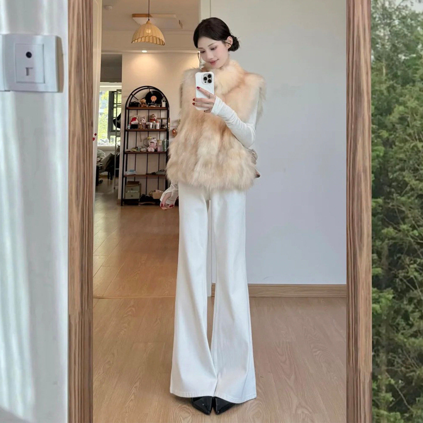 美式三防白色微喇牛仔裤女小个子秋冬加绒高腰显瘦垂感阔腿牛仔裤