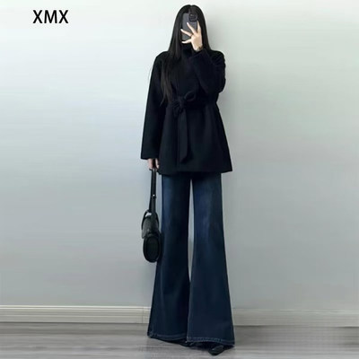 加绒深蓝色不贴腿微喇牛