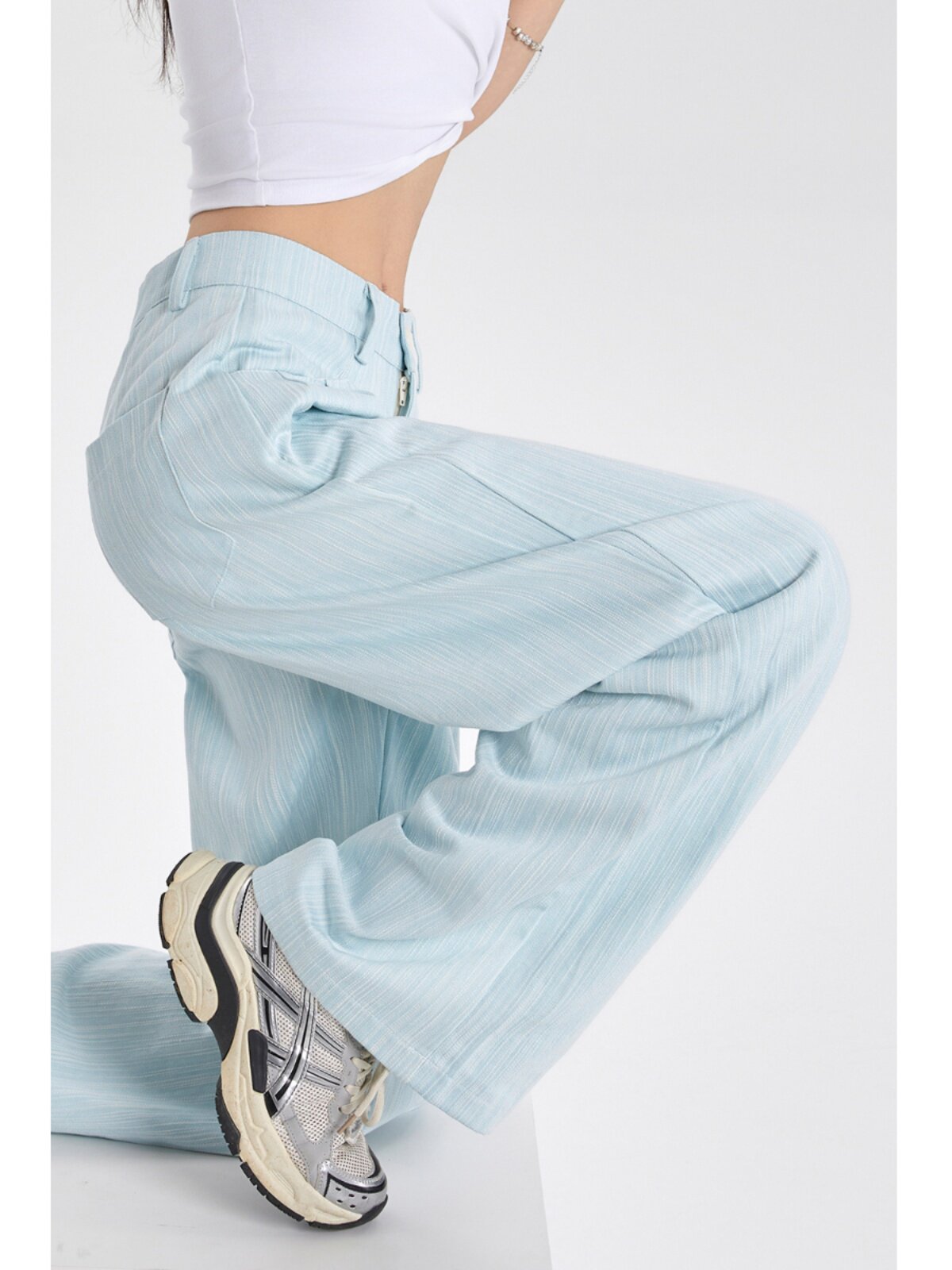 LFSTUDIO 대형 지방 MM 블루 스트라이프 루즈 스트레이트 청바지 여름 하이 웨이스트 바닥 길이 와이드 팬츠