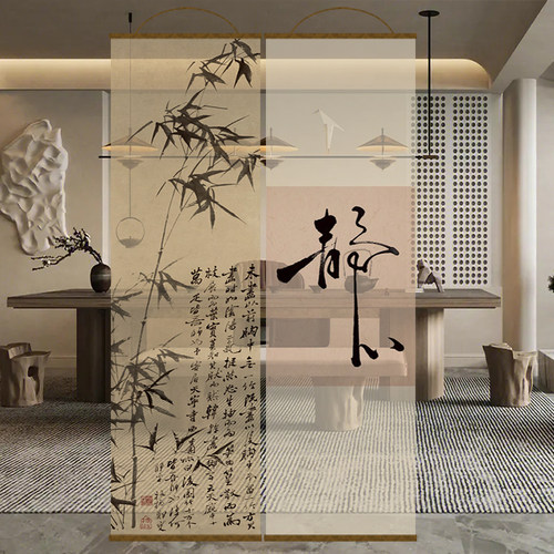 宋氏美学水墨竹中式屏风纱隔断帘卷帘挂帘山水窗帘透光纱帘纱幔