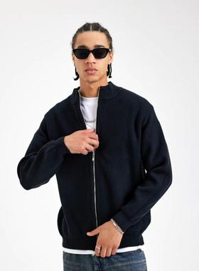 45Cent美式双拉链开衫上衣立领毛衣外套男士秋冬宽松纯色针织衫