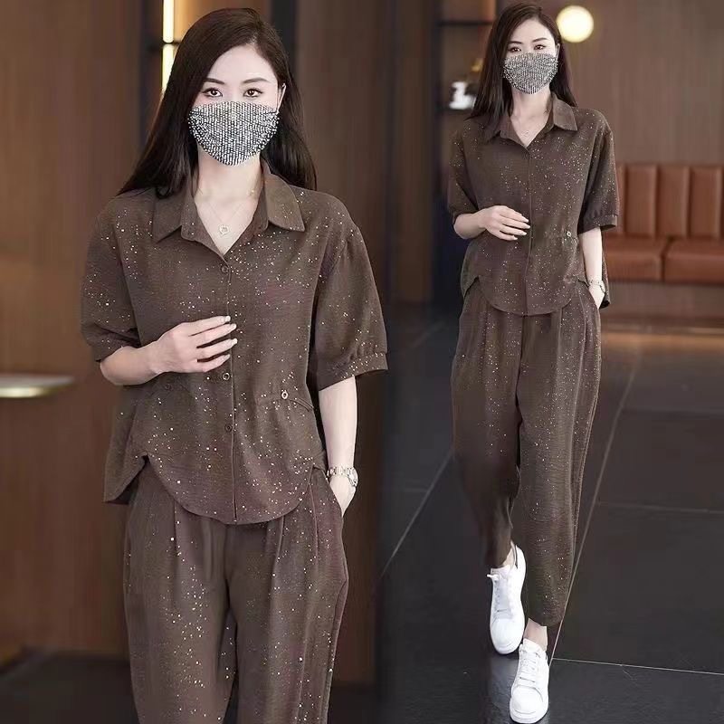 时尚休闲套装女2025夏季新款遮肉显瘦减龄洋气细闪衬衫裤子两件套,女装/女士精品,时尚套装,淘宝优惠券,粉丝福利购,淘宝优惠卷