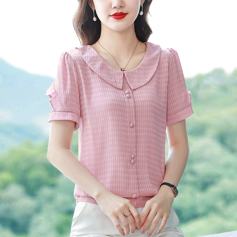 2023夏装款女装气质百搭显瘦收腰半袖雪纺衫妈妈减龄上衣短袖t恤