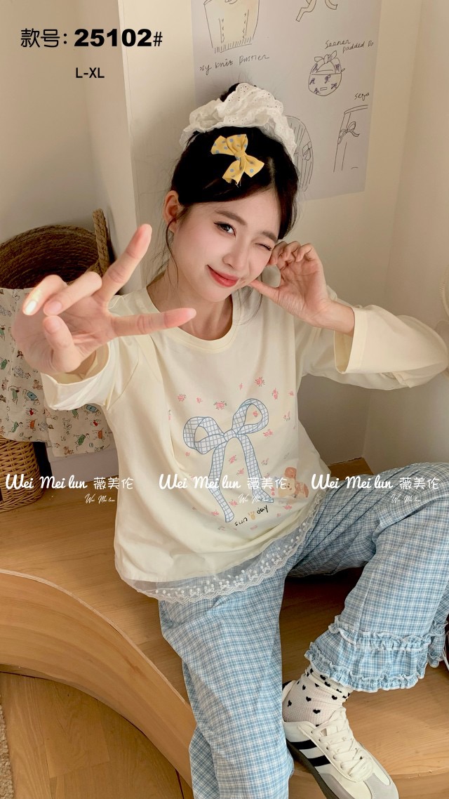 薇伦美睡衣女2025秋季长袖纯棉睡衣韩版蝴蝶结时尚格子家居服超甜