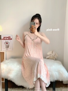 Pinker薇蜜木代尔睡裙带胸垫夏季加肥加大柔软印花睡衣ins风碎花
