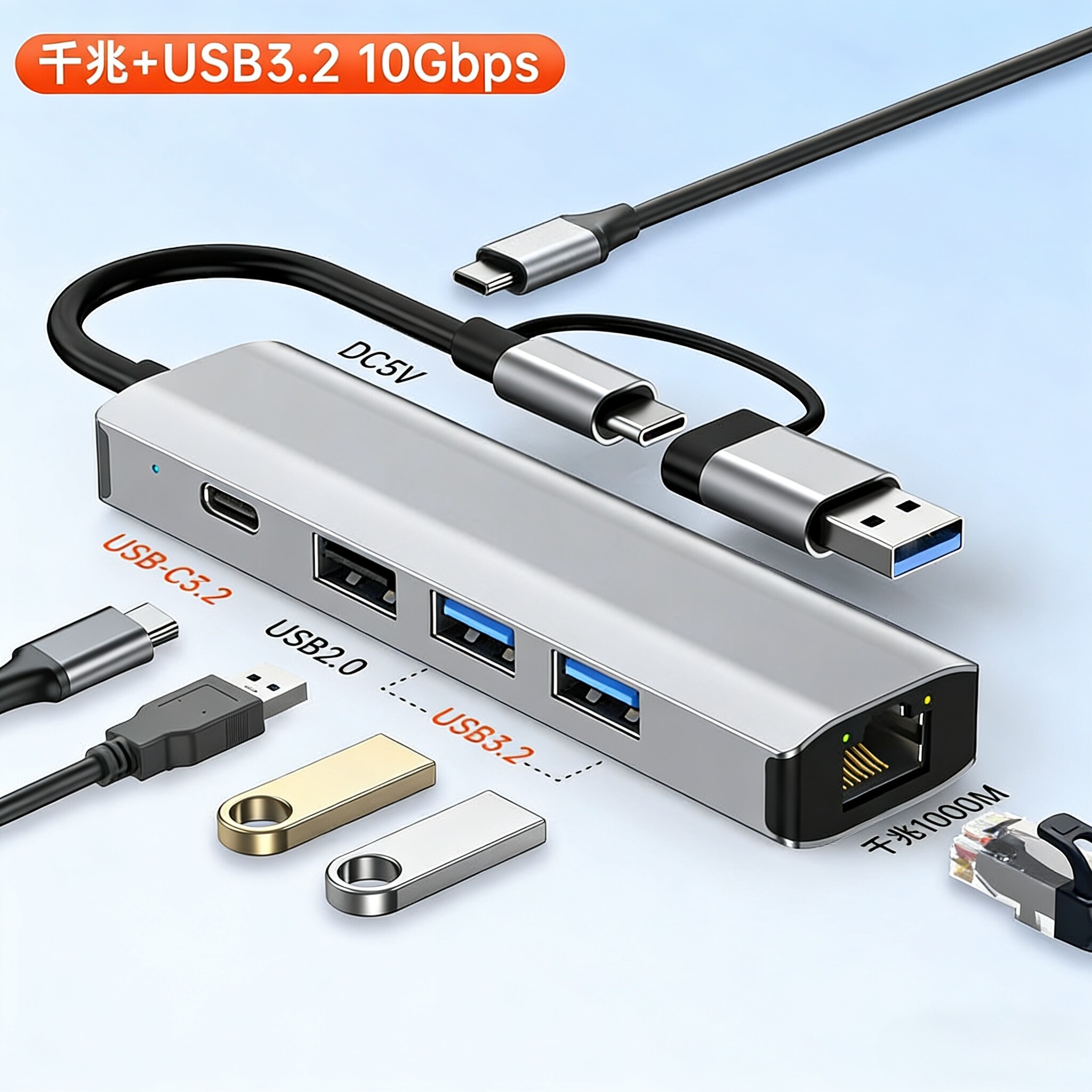 扩展坞typec笔记本有线网口电脑转换器usb3.2万兆网卡拓展坞