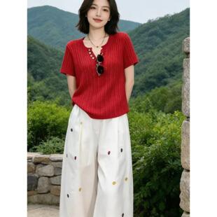 小番茄红色V领麻花冰丝针织短袖T恤女夏2026宽松显瘦百搭薄款上衣