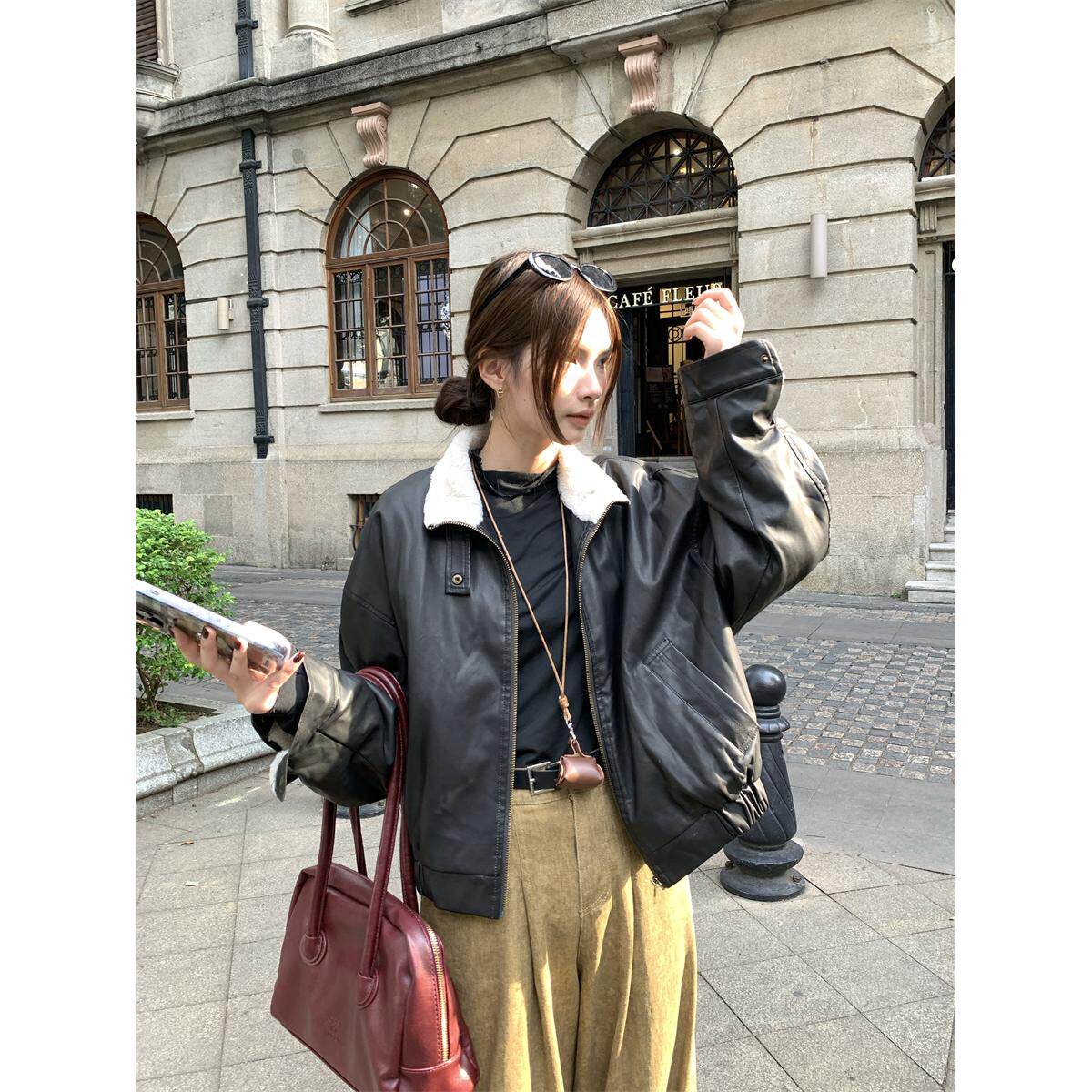 小番茄 美式机车服兔毛内里宽松皮衣夹克显瘦百搭加厚保暖外套女