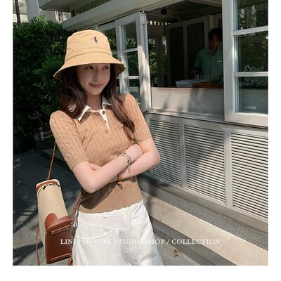 Lin-Ivy Style 复古POLO领麻花短袖羊毛针织衫老钱正肩修身上衣