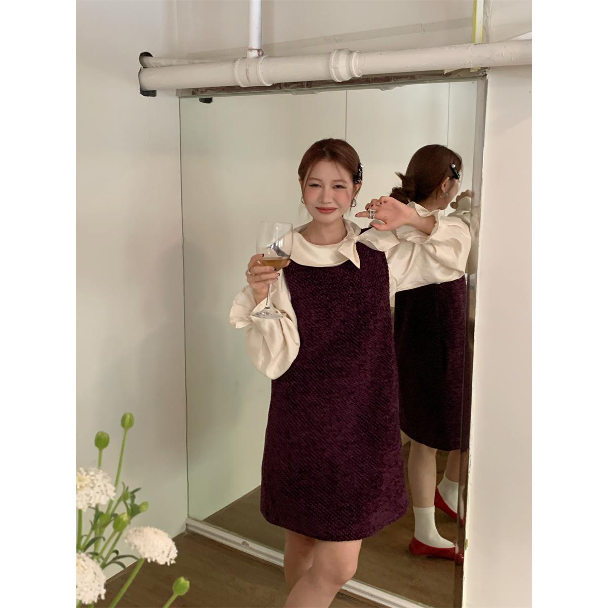 小番茄法式桔梗套装蝴蝶结花瓣袖衬衫粗+简约花呢背心连衣裙套装