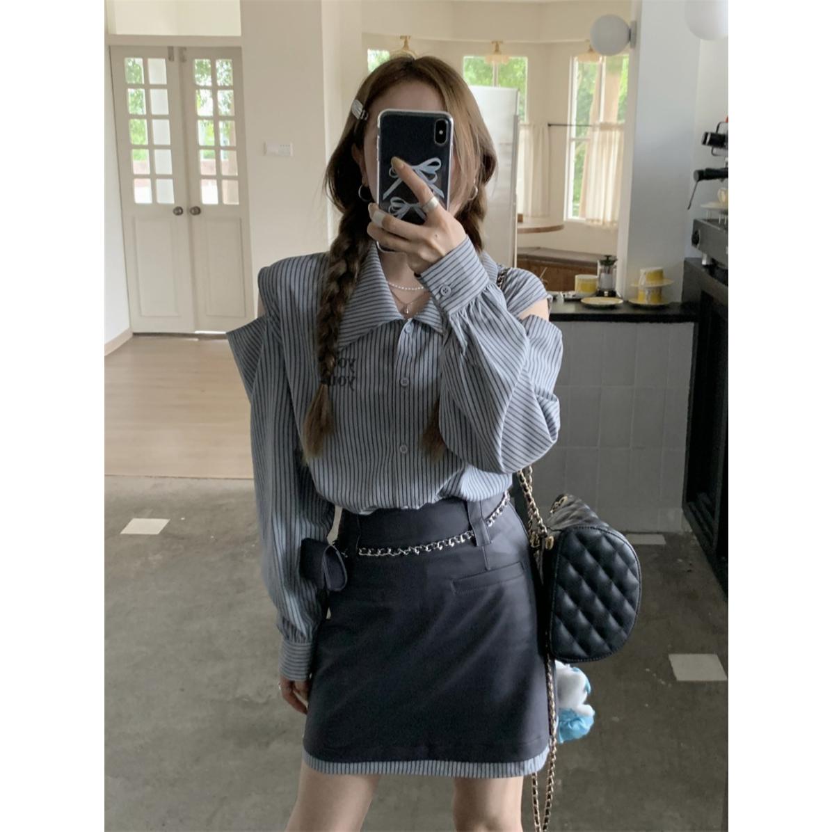小番茄 减龄条纹衬衫上衣裙子套装半身裙时尚皮裙女两件套