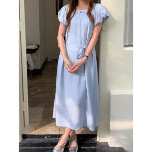 小番茄 韩系温柔风圆领纯色系带收腰显瘦泡泡袖连衣裙夏