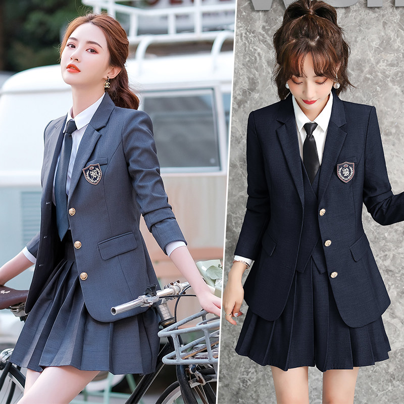 洋气小西装套装女百褶裙职业学院风外套老师马甲套装英伦风校服春