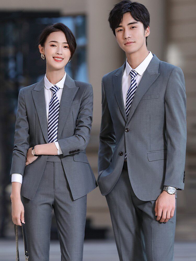 高端灰色西服定制男女职业装同款西装套装汽车4s店售楼部处工作服