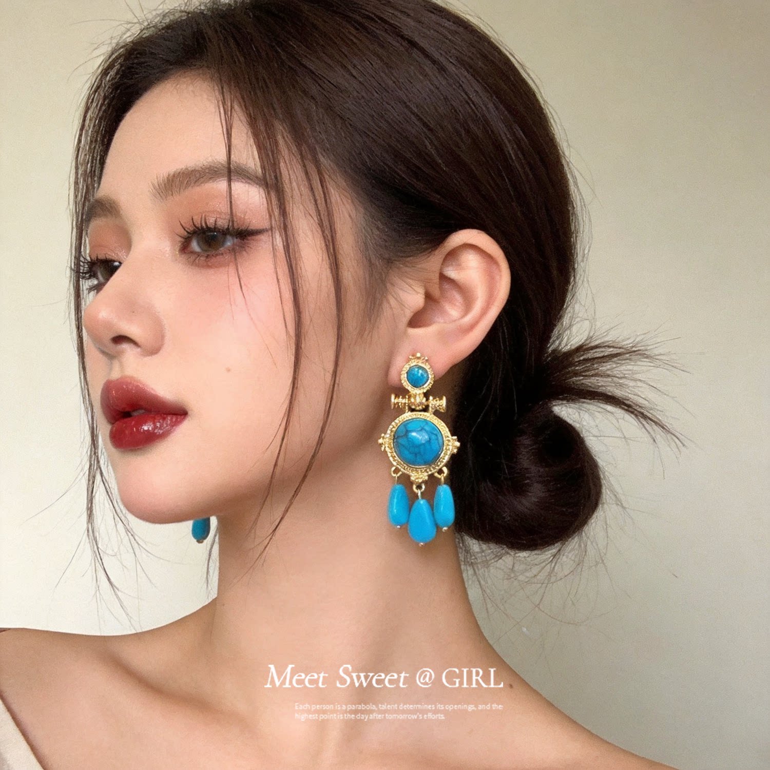 波西米亚蓝石圆形流苏耳环