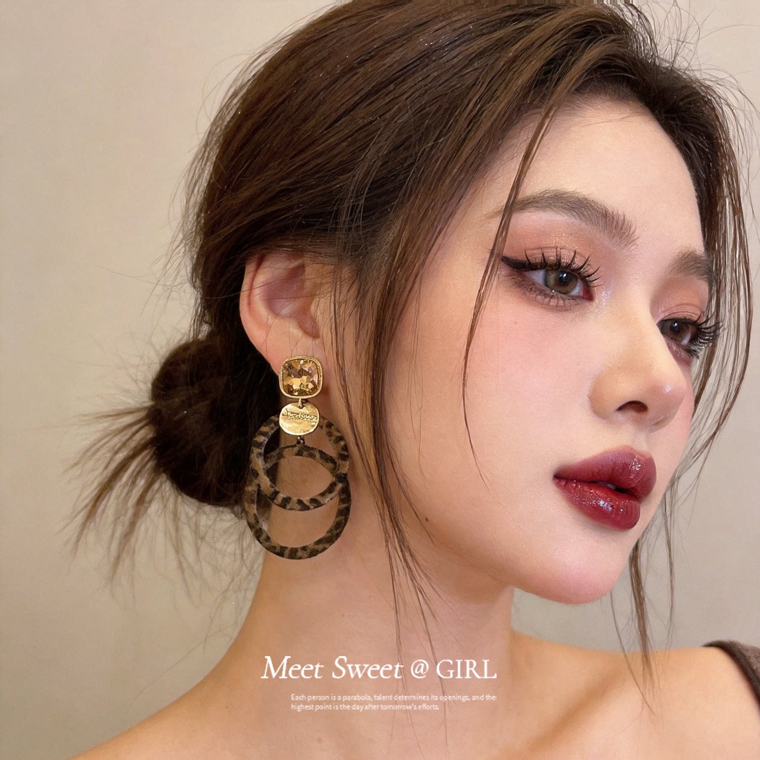 欧美复古水钻圆形豹纹耳坠耳钉