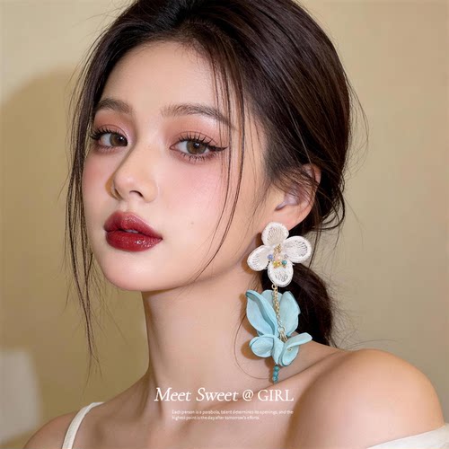 网纱刺绣花朵流苏耳钉耳环