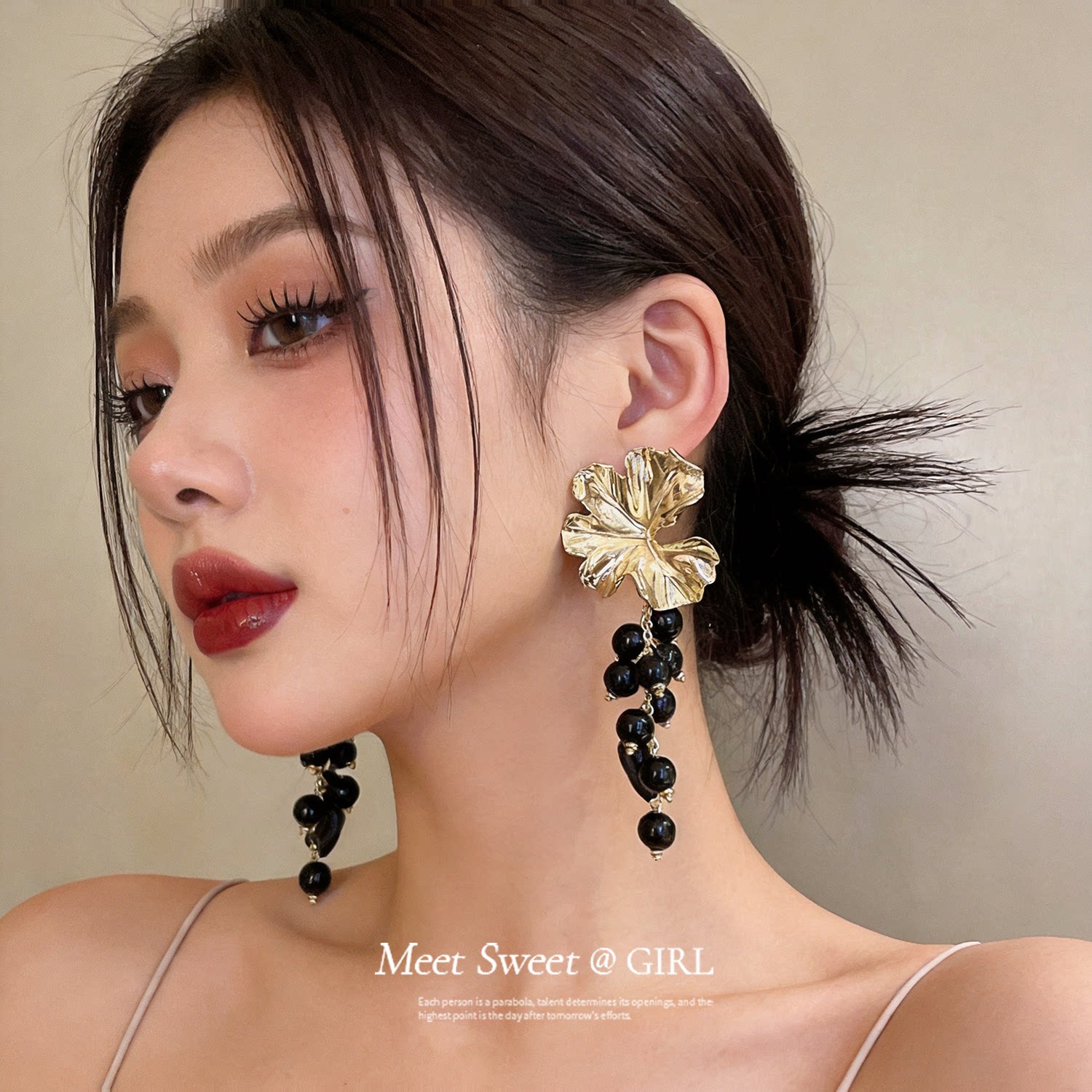 S925纯银针法式花朵圆珠流苏耳环