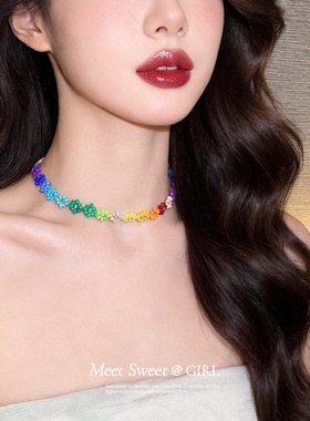 多巴胺彩色串珠花朵choker项链女
