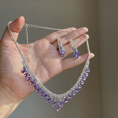 紫色水滴锆石项链耳环套装 女设计感小众轻奢锁骨链爆款 新娘配饰
