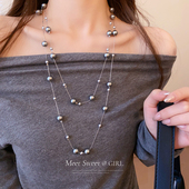 真多麻灰色施家珍珠毛衣链轻奢高级感大气高档叠戴长款 项链配饰女