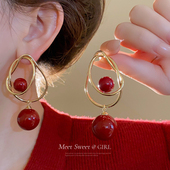 红色圆球耳环2025新款 爆款 高级感耳钉轻奢气质大气耳坠夸张耳饰女