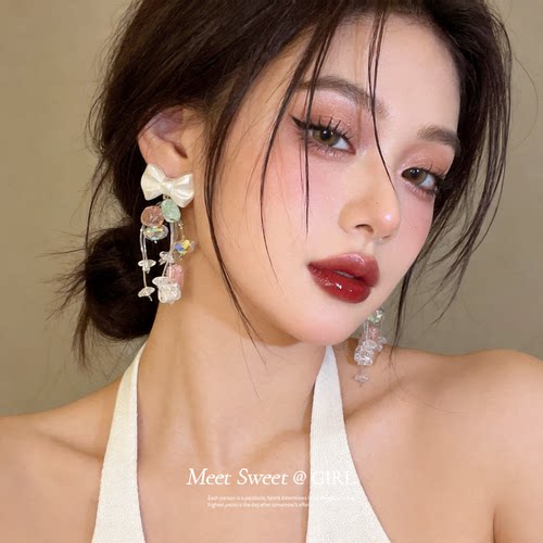 夏日甜美蝴蝶结流苏耳钉耳环女