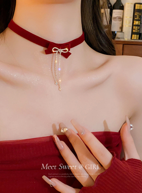 红色项链丝绒蝴蝶结颈链choker颈带丝带锁骨链女礼服圣诞脖子配饰