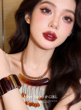 咖色亚克力珍珠水滴流苏项链女