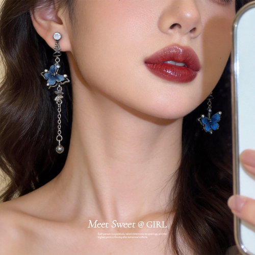 甜美蝴蝶流苏吊坠耳钉耳环女