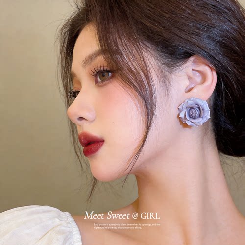 清冷温柔立体雾紫玫瑰树脂耳钉女