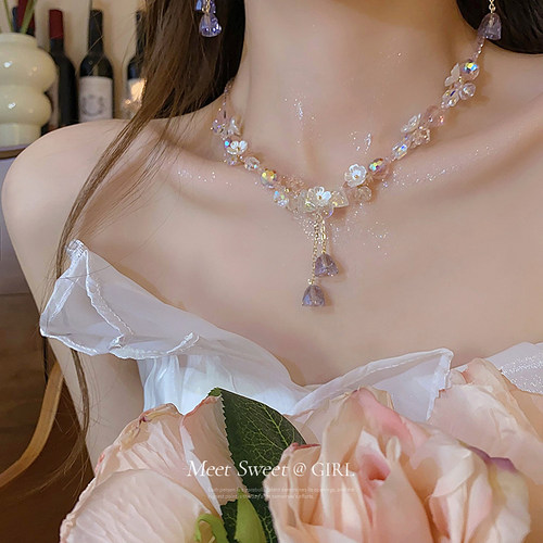 粉色花朵流苏项链女款