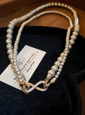灰色珍珠项链女轻奢小众双层叠戴锁骨链2026新款爆款毛衣链配饰