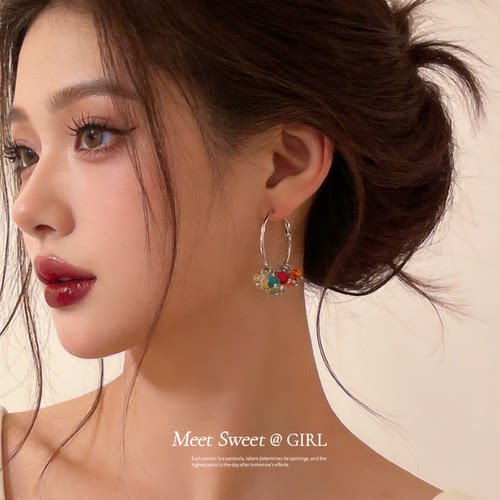 彩色玻璃珠流苏圆圈耳圈小众时尚