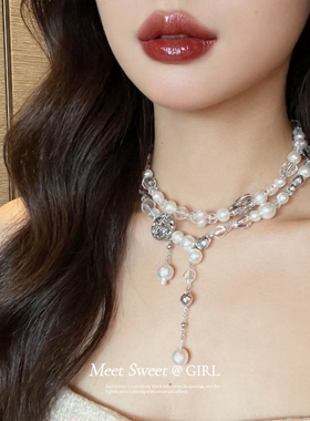 多层珍珠串珠印花项链女