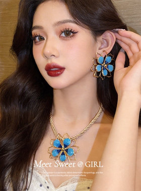 蓝色滴油花朵项链小清新锁骨链女