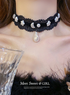 「遇见饰品MEET」黑色蕾丝花边水滴项链性感辣妹choker颈链配饰女