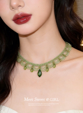 绿色玻璃串珠花边choker项链女