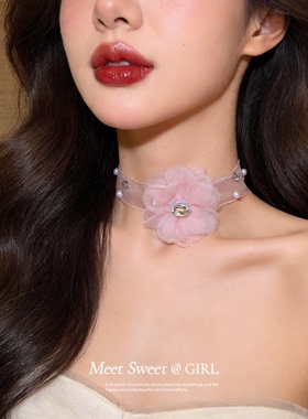 超仙粉色雪纺花朵颈带choker