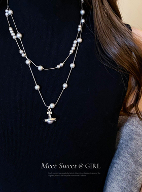 叠戴土星灰色珍珠毛衣链轻奢高级感大气高档百搭长款项链配饰女