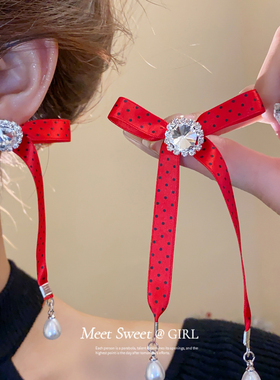 「遇见饰品MEET」波点红色蝴蝶结耳钉韩系甜美气质时尚耳环耳饰女