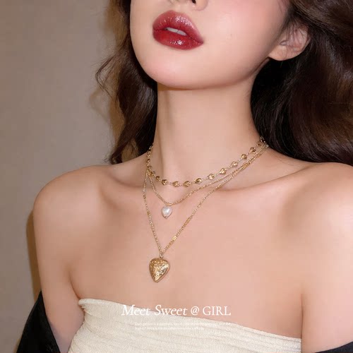 金色项链高级感珍珠爱心三层叠戴