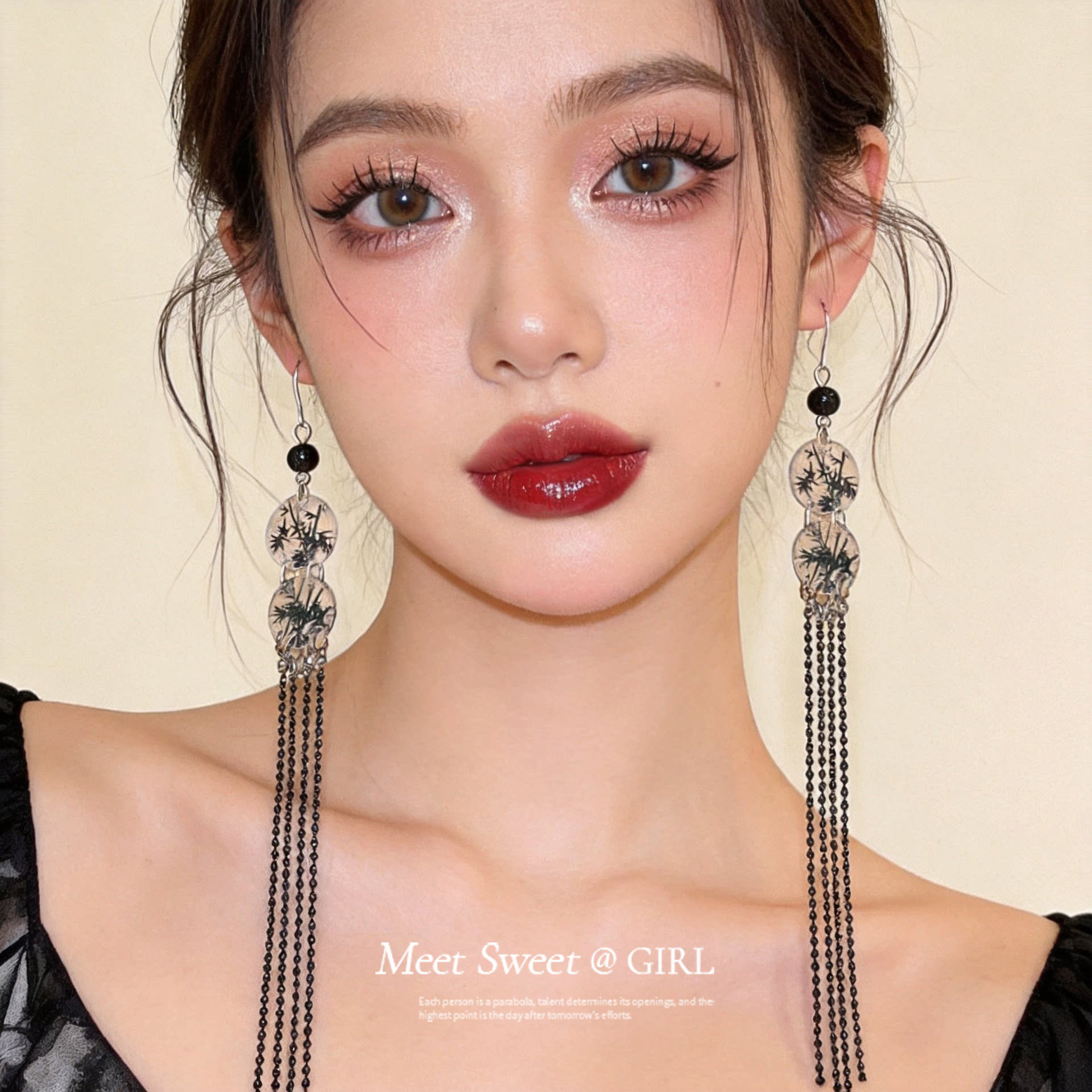 新中式国风黑色流苏长款耳环2026民族风耳钉夸张古风耳坠耳饰女款