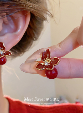 「遇见饰品MEET」红色鸢尾花耳钉轻奢精致高级感耳环气质耳饰女