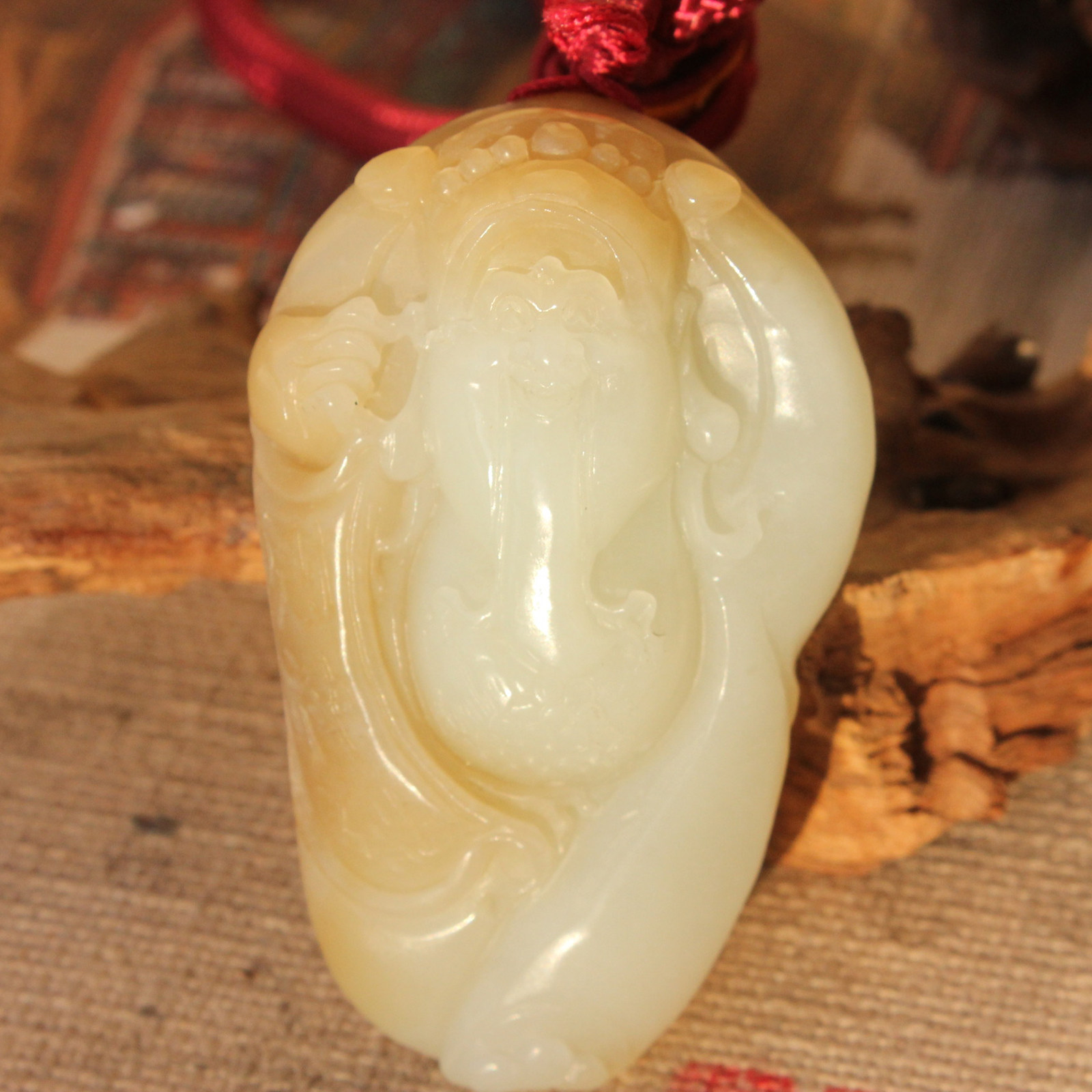 王实斋珠宝/新疆和田玉糖白玉财神玩件手把件挂件吊坠鉴定证AG65