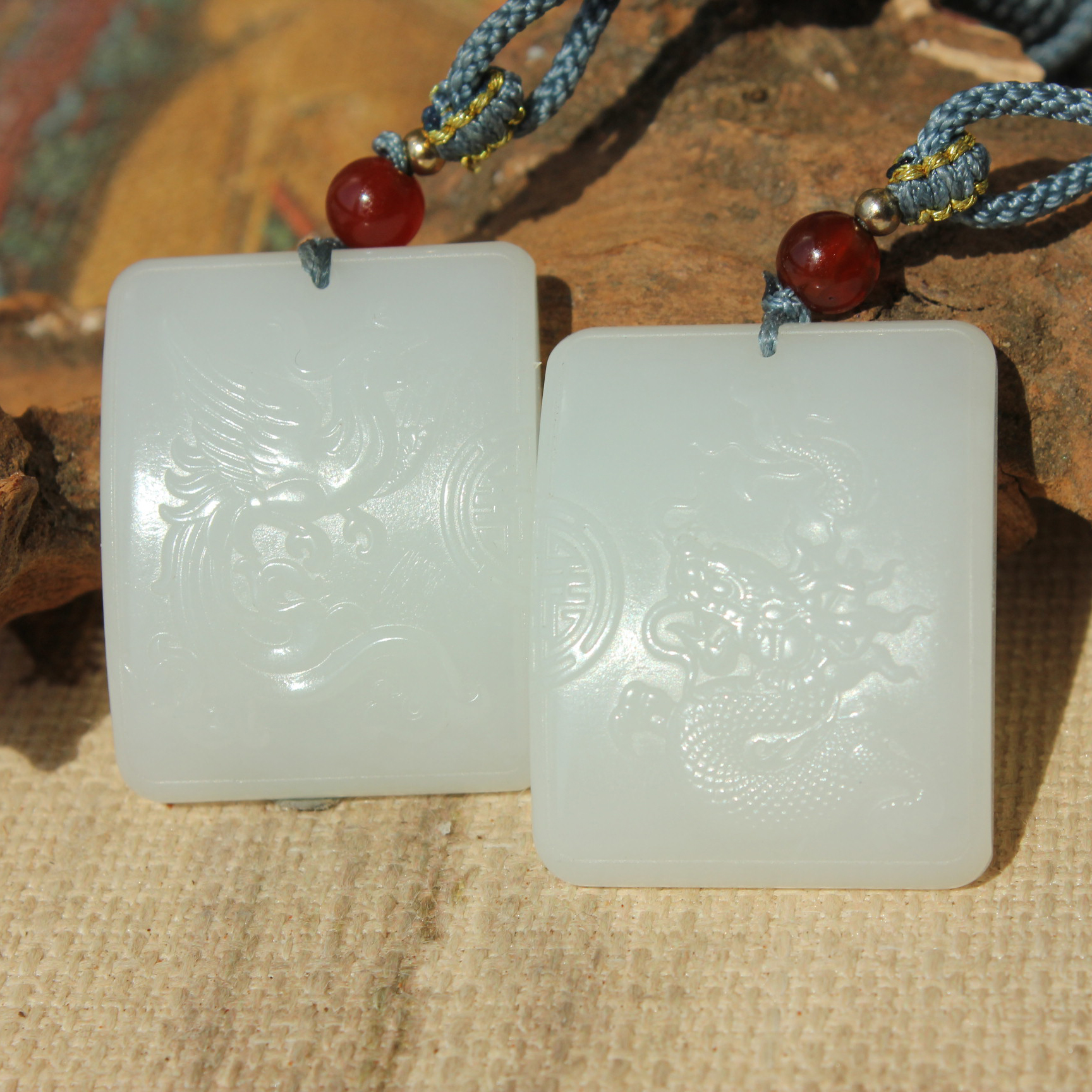 王实斋珠宝/新疆和田玉龙凤呈祥对牌挂件吊坠结构细腻白油润H256