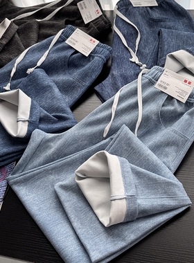 日系复古水洗做旧软糯舒适男士抽绳松紧腰直筒休闲牛仔裤S00619